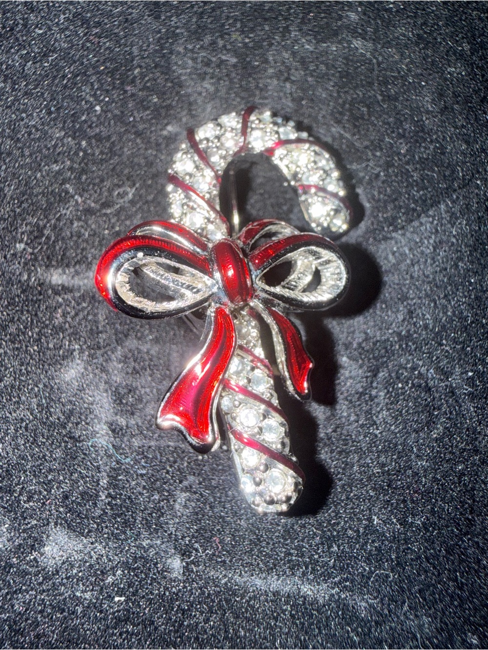 Red Enamel & Crystal Candy Cane Brooch with Bow